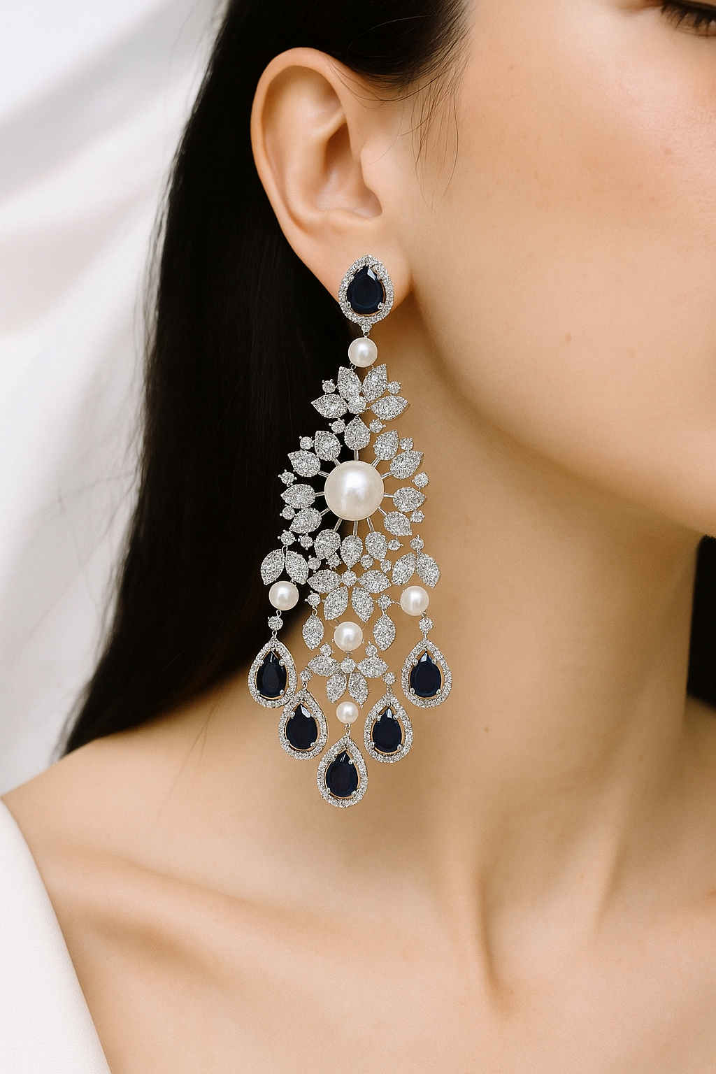 Luxury Sapphire Blue & Pearl Chandelier Earrings